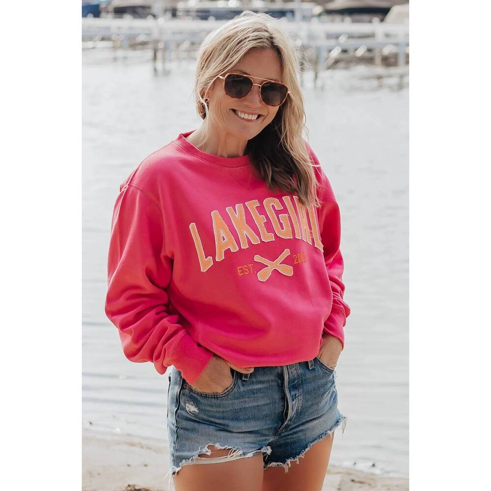 NEW LAKEGIRL sanded fleece crewneck sweatshirt in hot pink/confetti